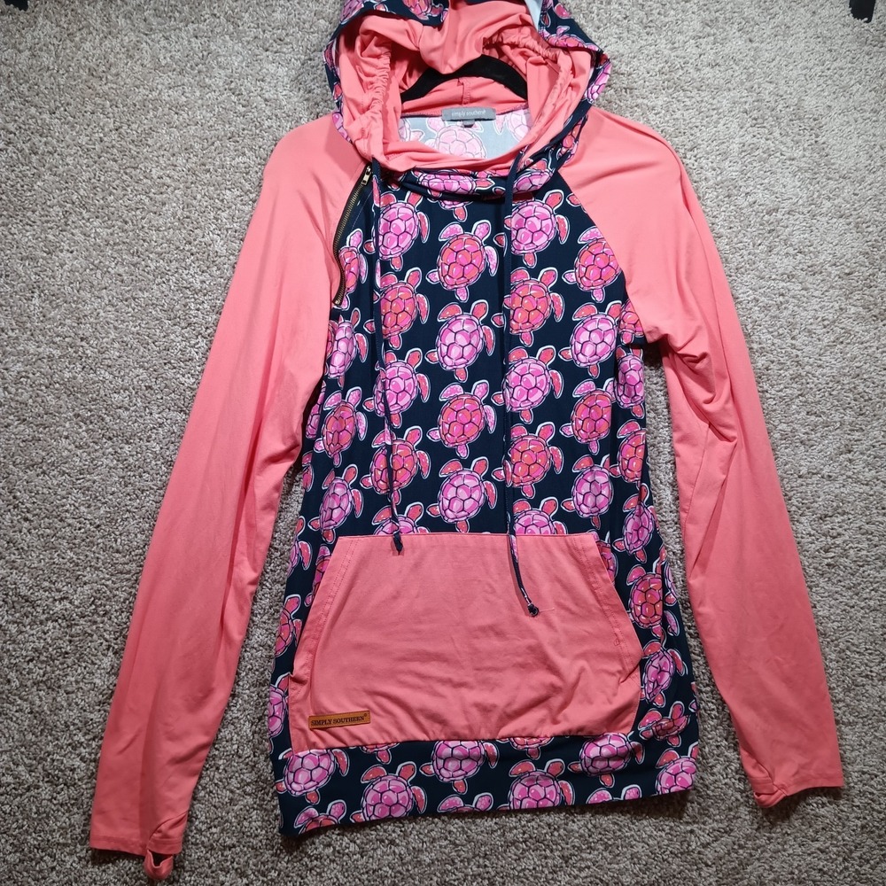 Simply Southern Sea Turtle Pull Over Double Hoodie M. Paint / Navy. Thumb Holes.